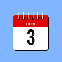 August day 3. Number three on a white paper with red color border on a blue background vector.