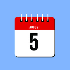 August day 5. Number five on a white paper with red color border on a blue background vector.