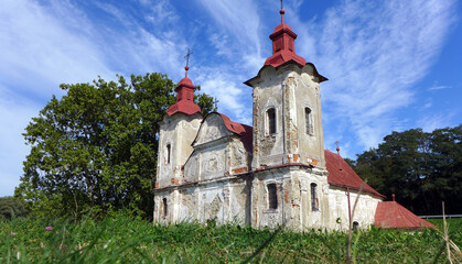 Fototapeta na wymiar Church of St. Stephen the King from the flooded village of Kelča in Domaša Slovakia