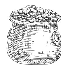 Kettle with coins. Vintage hatching monochrome black illustration. Isolated on white