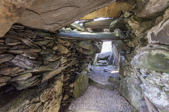 The interior of Nether Largie South Cairn, one of several Neolithic/Bronze Age chambered cairns in Kilmartin Glen, Argyll & Bute, Scotland UK