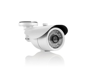 Three-quarter view of round white outdoor surveilance camera with led lights on white background with reflection underneath