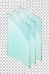 Vector illustration sheets of window glass isolated on transparent background. Realistic glass sheets icon. Isometric illustration shiny plates of industrial tempered glass. Triple glazed window pane.