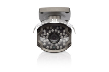 Front view of carbon outdoor surveilance camera with led lights on white background with reflection...
