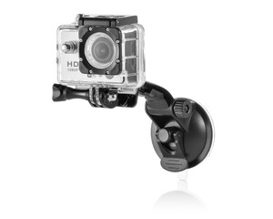 Silver action camera inside a waterproof box attached to a suction holder on white background with reflection underneath