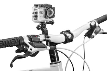 Silver action camera attached to a bicicle handlebar inside a waterproof box on white background