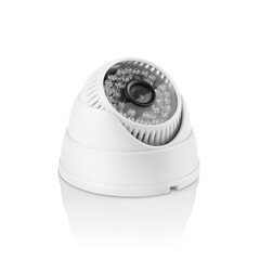Three-quarter view of round white indoor surveilance camera with led lights on white background...