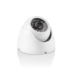 Three-quarter view of round white indoor surveilance camera with led lights on white background with reflection underneath