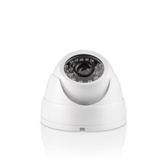 Front view of round white indoor surveilance camera with led lights on white background with...