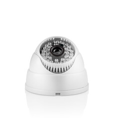 Front view of round white indoor surveilance camera with led lights on white background with...