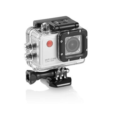 Three-quarter view of a silver action camera inside a waterproof box on white background with reflection underneath