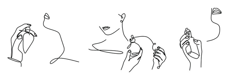 a perfume bottle in women's hands and a fragment of a woman's face with a continuous line in the style of minimalism - obrazy, fototapety, plakaty