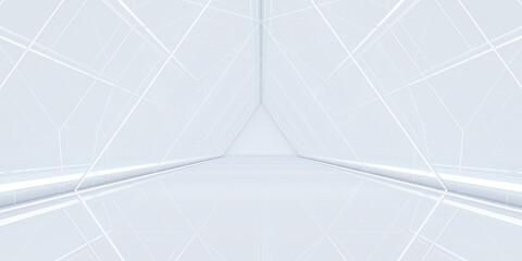 Futuristic modern white background. Abstract Triangle tunnel with light. Sci-fi corridor concept. 3d rendering.