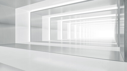 Fototapeta premium Abstract empty corridor with light. Futuristic white space interior design. 3d illustration