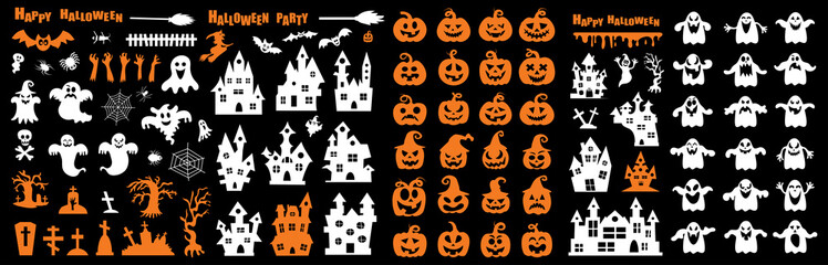 Set of silhouettes of Halloween on a black background. Vector illustration