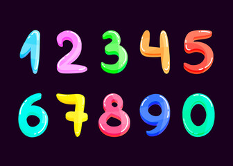 Bright colored glass numbers set for children in a cartoon style. Math numbers for school.
