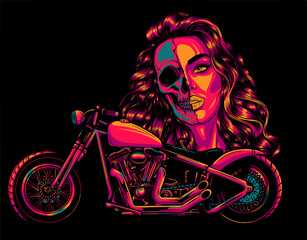 vector illustation vintage chopper motorcycle with woman face