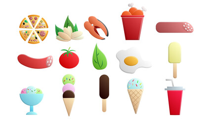 Set of 15 icons of items of delicious food and snacks for a cafe bar restaurant on a white background: pizza, sausage, chicken, fish, nuts, vegetables