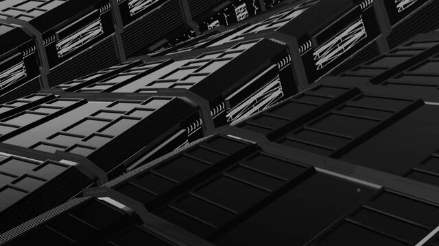 Futuristic platforms in spaceship. Motion. Platforms of spacecraft are twisted parallel to each other. Animation of fantastic moving platforms from spaceships