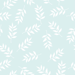 Seamless leaves pattern. Vector repeating botanical background.
White leaves on pastel blue background.