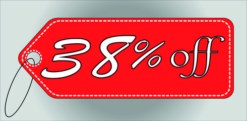 38 percent off red tag. 38 percent discount tag for offers and promotions