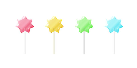 Vector realistic bright lollipops set. Isolated colorful transparent star shaped candies on sticks on white background