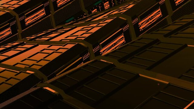 3D platforms are moving on spaceship. Motion. Futuristic 3d platforms are spinning in spaceship. Tracks with platforms in spaceship move twisting