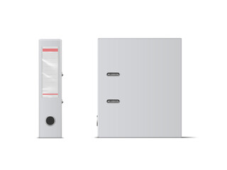 Realistic vector Blank office binder with metal rings, standing, back and side view.