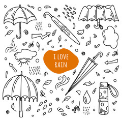 Autumn set of hand drawn umbrellas  in different shapes and forms with decorative elements in black outline on white background. Vector illustration.