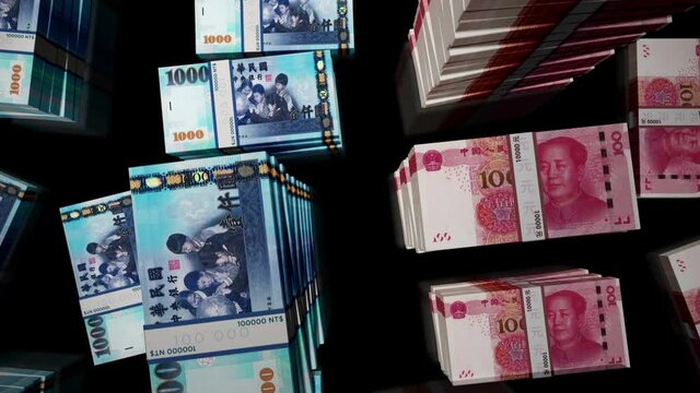 Taiwan Dollar and Chinese Yuan Renminbi money notes pack loop. Concept of economy, trade, conflict, crisis and finance. TWD and RMB Loopable seamless 3d animation.