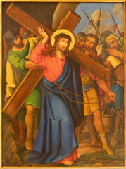 VIENNA, AUSTIRA - JUNI 17, 2021: The painting  Jesus carried his cross as part of Cross way...
