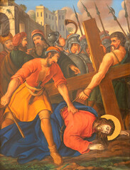 VIENNA, AUSTIRA - JUNI 17, 2021: The painting Jesus fall under the cross  as part of Cross way stations in church Rochuskirche by unknown artist.