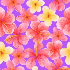 Seamless watercolor pattern with plumeria and hibiscus flowers inspired by lush tropical nature.