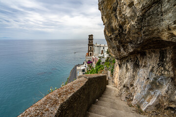 Fototapeta na wymiar Scenic stairway leading to Atrani overlooking the Mediterranean Sea on the Amalfi Coast, Italy