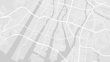 White and light grey Hiroshima City area vector background map, streets and water cartography illustration.