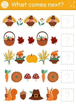 What comes next. Thanksgiving matching activity for preschool children with traditional holiday symbols. Funny autumn puzzle. Fall logical worksheet. Continue the row game..