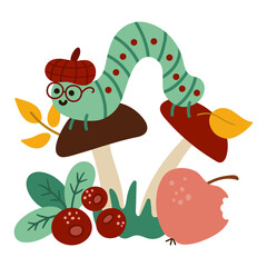 Cute caterpillar in hat and glasses on mushroom. Vector autumn scene with cute insect. Fall season woodland scenery for print, sticker, postcard. Funny forest illustration..