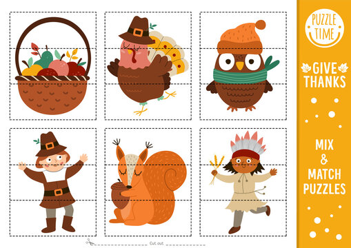 Vector Thanksgiving mix and match puzzle with pilgrim, turkey, owl, harvest, native American Indian. Matching autumn activity for preschool children. Educational printable fall game for kids.