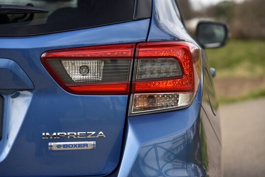 Subaru Impreza 2.0 e-Boxer MHEV. Tail light and body markings. 04-14-2021, Prague, Czech Republic.