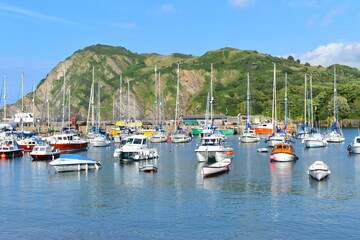Fototapeta na wymiar Sheltered by Lantern Hill and a breakwater Ilfracombe’s quaint harbour is dotted with boats Freshly cooked seafood followed by an ice cream with a sea view or wildlife trip attract tourists and locals