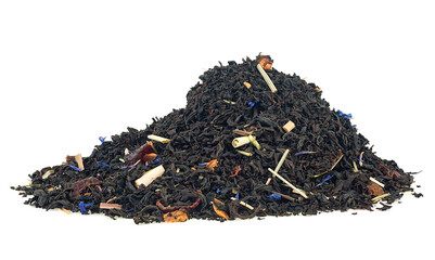 Pile of black tea with dried fruits and petals isolated on a white background