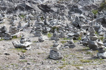 A lot of stone cairns at former marble quarry