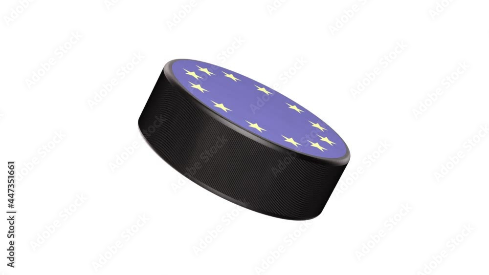 Poster realistic looping 3d animation of the european union flag label ice hockey puck rendered in uhd with