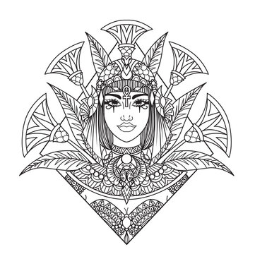 Mandala art Cleopatra head illustration for adult coloring book, laser cut,paper cutting, engraving, printing on product. Vector illustration.
