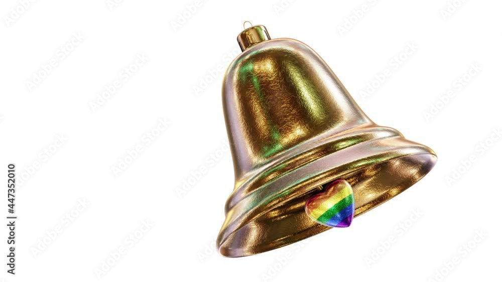 Poster realistic looping 3d animation of the fancy golden christmas bell with a rainbow pride flag bell cla