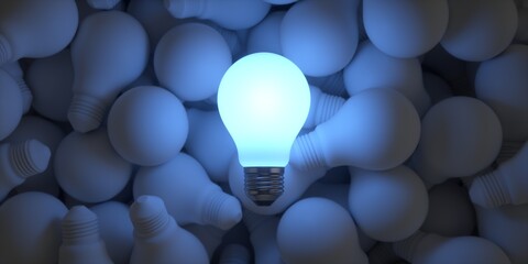 The best idea. Illuminated light bulb among the rest of the unlit bulbs. Blue version. - obrazy, fototapety, plakaty