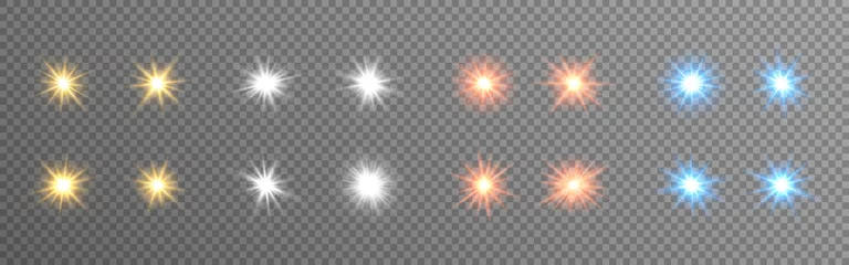 Foto auf Leinwand Glowing lights set. Color stars on transparent backdrop. Bright flares collection. Sparkling Christmas elements. Festive effects and rays. Vector illustration © Vegorus