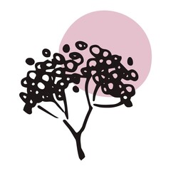 The plant is drawn by hand with a pen and translated into vector format. In the background there is an abstract colored spot. Stock vector illustration. For garment decoration, packaging, interior