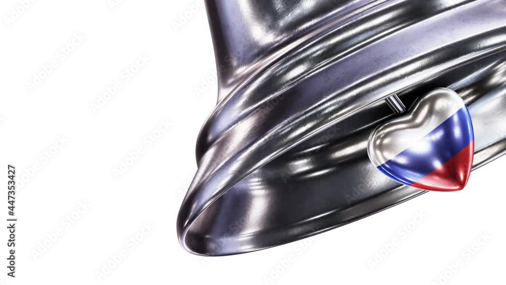 Poster realistic looping closeup view 3d animation of the vintage silver christmas bell with russian federa