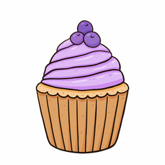 Cupcake with blueberry cream decorated with berries. Vector hand-drawn illustration isolated on white background. Perfect for cards, menu, logo, invitations, decorations.